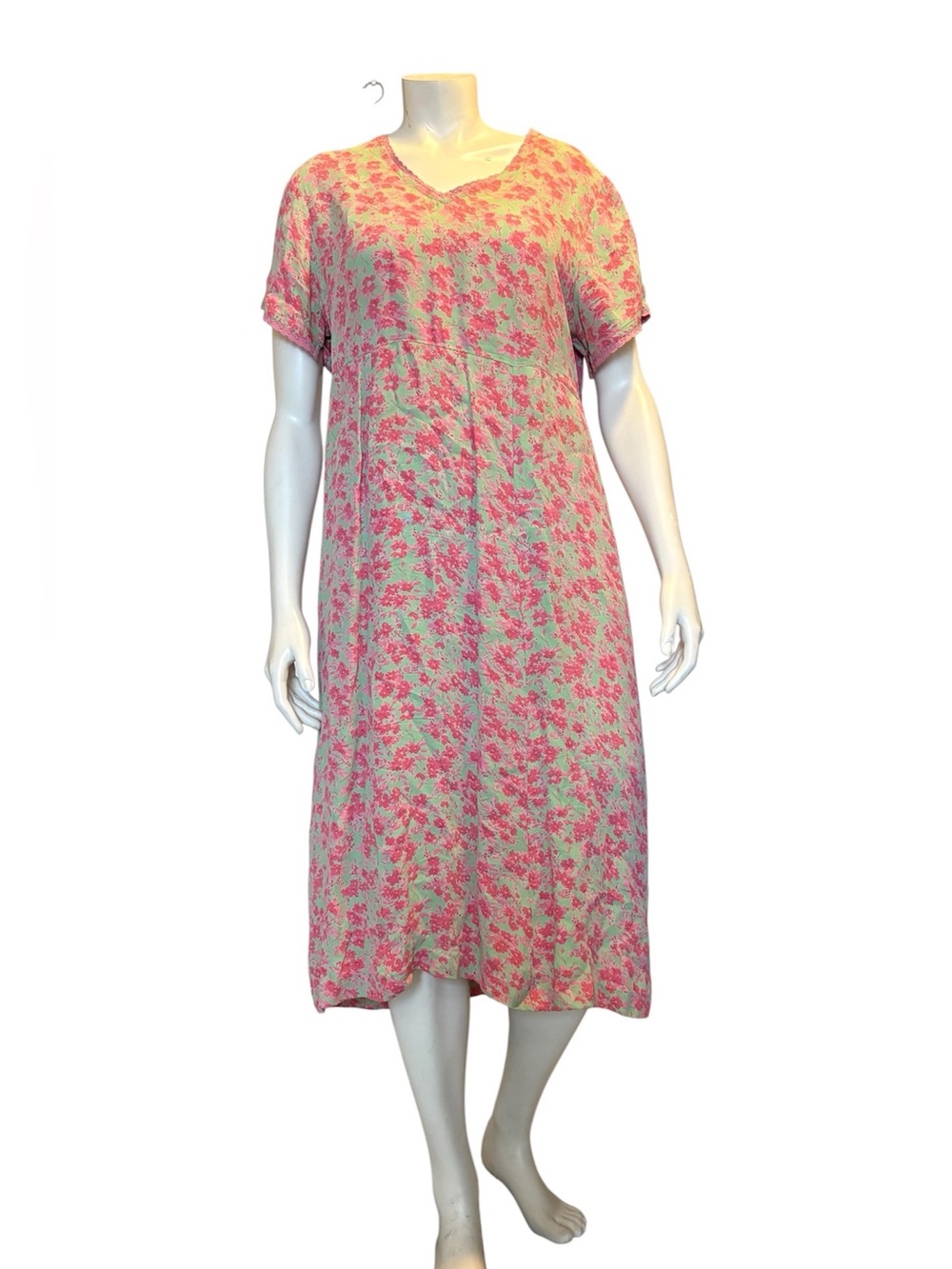 Vintage Y2K April Cornell Pink Floral Midi Dress Medium Cottagecore Short Sleeve